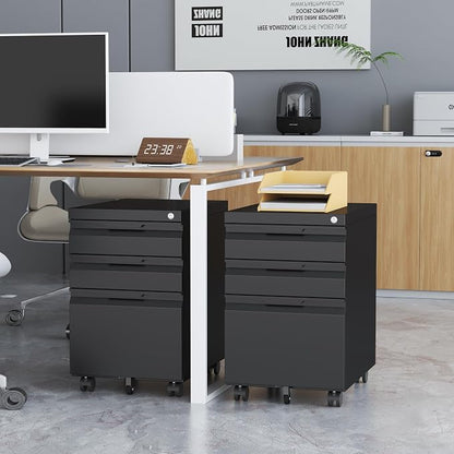 3 Drawer Mobile File Cabinet with Lock, Metal Small Filing Cabinets for Home Office Organizer,Rolling Filing Cabinets Under Desk Storage for Letter/Legal/A4,Assembly Required,Black