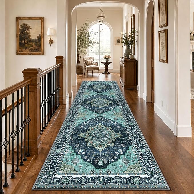 RELEANY Area Rugs Runner 3'x10' Washable Non-Slip, Floral Vintage Distress Medallion Carpet for Kitchen Hallway Bedroom Beside Laundry Room Bathroom, Teal Green Lake Blue Turquoise