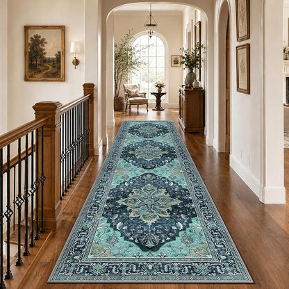 RELEANY Area Rugs Runner 3'x10' Washable Non-Slip, Floral Vintage Distress Medallion Carpet for Kitchen Hallway Bedroom Beside Laundry Room Bathroom, Teal Green Lake Blue Turquoise