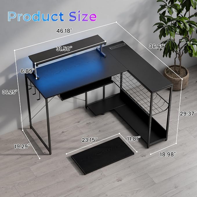 L Shaped Gaming Desk with Power Outlets & RGB Lights, 46'' L- Shaped Desk Computer Corner Desk with Monitor Stand & Storage Shelf & Hook, Home Office Desk Writing Desk, Black