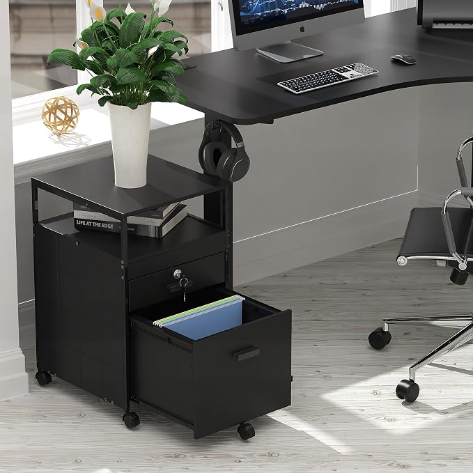 SHW Box File Rolling Mobile Cabinet with Open Shelf and Lockable Drawer, Black