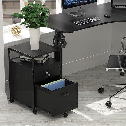 SHW Box File Rolling Mobile Cabinet with Open Shelf and Lockable Drawer, Black