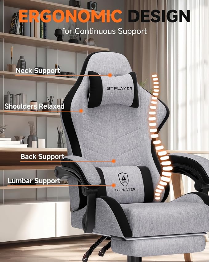 GTPLAYER Gaming Chair with Footrest, Computer Gaming Chair for Adults, Height Adjustable Gamer Chair with 90-155° Recline & Removable Headrest Lumbar Support,Linen Fabric Gray-Black