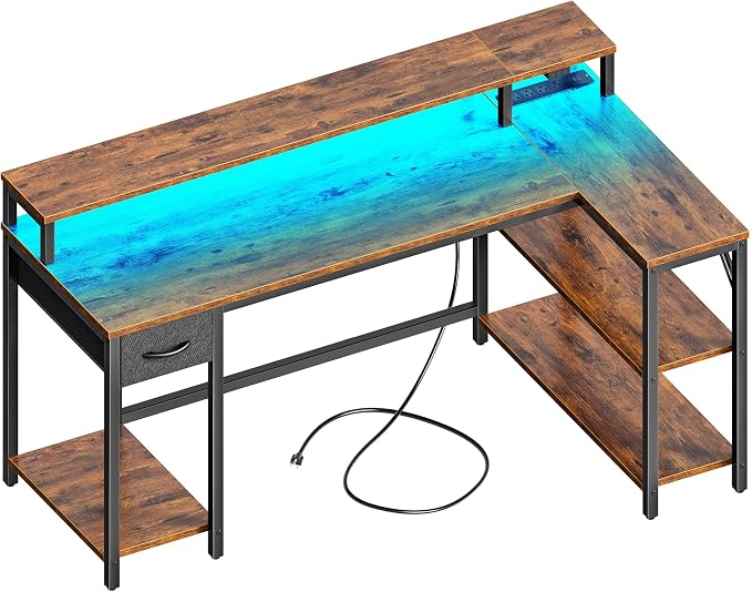 SUPERJARE 53 inch Reversible L Shaped Desk with LED Lights & Power Outlets, Computer Desk with Shelves & Monitor Stand, Gaming Desk with Drawer, Home Office Desk Corner Desk, Rustic Brown