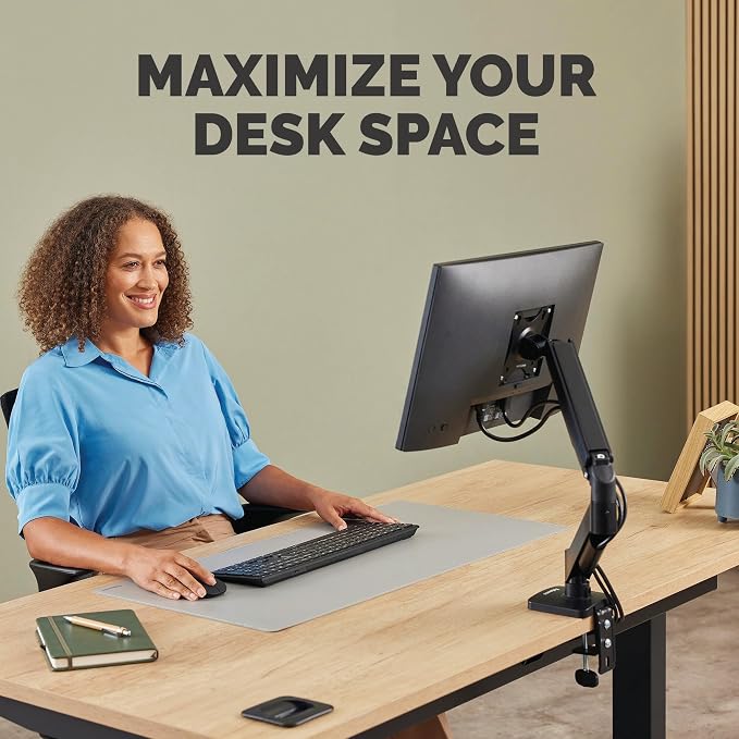 Fellowes Everyday Plus Single Gas Spring Monitor Arm Supports up to 32" Screens Weighing 4.4-19.84 lbs, Height Adjusting, Tilt, Swivel, Rotate, VESA 75/100, Clamp or Grommet Mount, Cable Management
