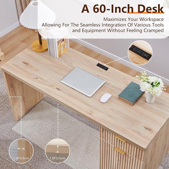 JXQTLINGMU 60" Modern Executive Desk with Storage, Wood Home Office Desk with Drawer & Cabinet, Fluted Computer Writing Desk for Study, Living Room, Bedroom, Oak