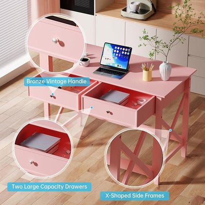 Lewahom Writing Computer Desk with Drawers, Cute Modern Table for Bedrooms, Pink Vanity Table Office Desk with Drawers, Home Computer Desk for Girls Living Room Entryway, Pink
