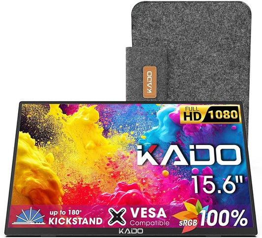 Kado Portable Monitor 15.6-Inch Ultra-Slim 100% sRGB 1080p IPS Display | Laptop Monitor 1920x1080 180° Kickstand, Carrying Case for PC, Mac, Phone, Dex, Xbox, PS5, USB-C & HDMI Connectivity
