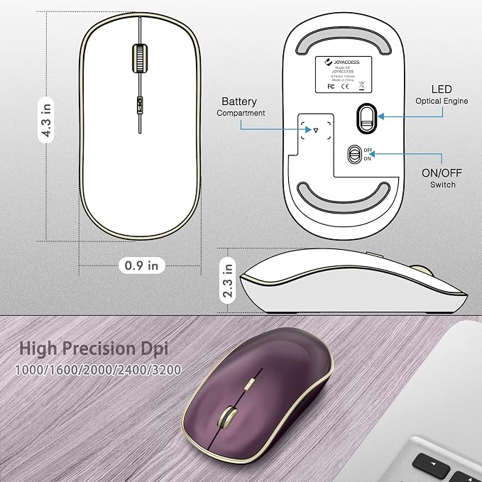 JOYACCESS J Wireless Mouse for Laptop, 2.4G Slim Wireless Silent Mouse, Portable Wireless Computer Mouse, 3200 DPI, USB Wireless Mouse for Desktop, Notebook, Chromebook, PC (Wine Red)
