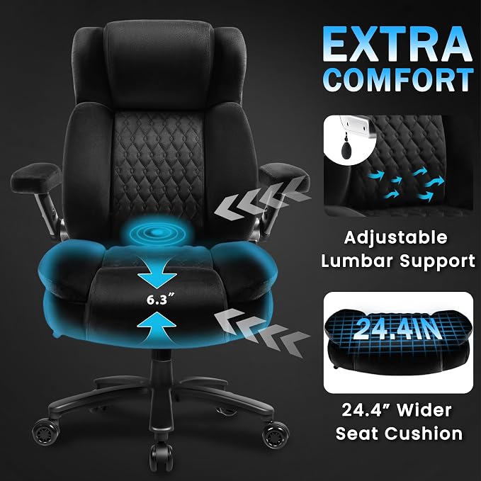 Big and Tall Office Chair 600lbs with 5D Flip Arms, Heavy Duty Executive Office Chairs, Ergonomic Desk Chair with Adjustable Lumbar Support & Rubber Wheels, Velvet Fabric, Black