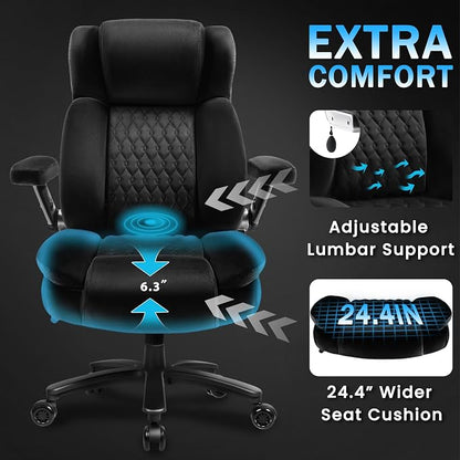 Big and Tall Office Chair 600lbs with 5D Flip Arms, Heavy Duty Executive Office Chairs, Ergonomic Desk Chair with Adjustable Lumbar Support & Rubber Wheels, Velvet Fabric, Black