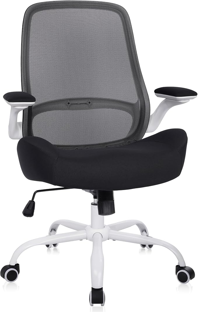 HYLONE Office Chair Ergonomic Chair with Flip up Armrests, 5" Thickened Seat Computer Chair with Breathable Mesh Back Home Office Computer Chairs for Long Hours Mesh Office Chair(White Base&Black)