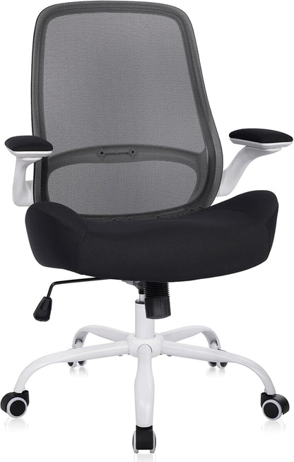 HYLONE Office Chair Ergonomic Chair with Flip up Armrests, 5" Thickened Seat Computer Chair with Breathable Mesh Back Home Office Computer Chairs for Long Hours Mesh Office Chair(White Base&Black)