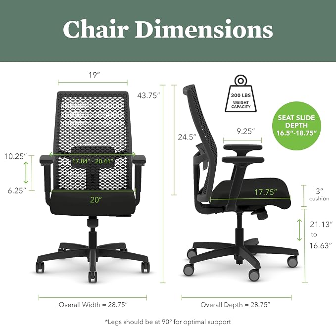 HON Ignition 2.0 ReActiv Ergonomic Office Chair, Mesh Desk Chair with Lumbar Support, Synchro‑Tilt Recline, Height and Width Adjustable Arms, Swivel Wheels, Titanium Frame, Ocean