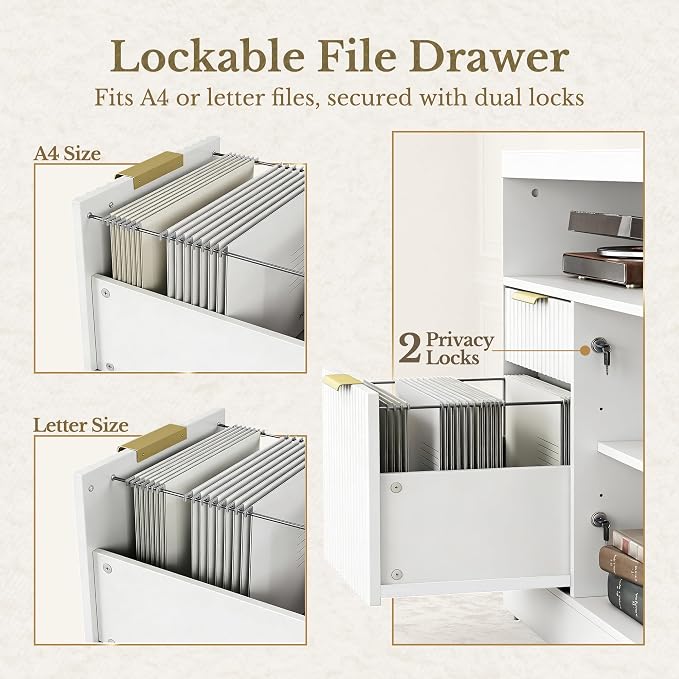 4 Drawer File Cabinet, Fluted Wood Lateral Filing Cabinet with Lock and Charging Station for Home Office, Printer Stand with Open Storage Shelves, Fits A4, Letter Size Files, White