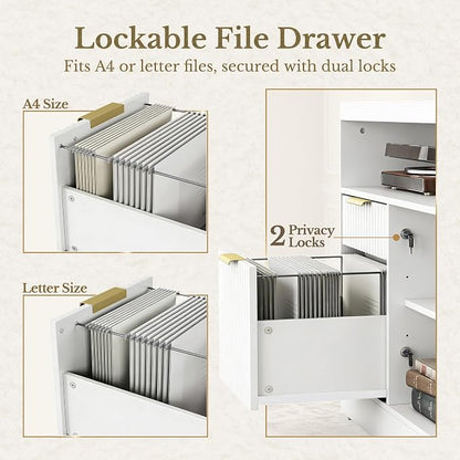 4 Drawer File Cabinet, Fluted Wood Lateral Filing Cabinet with Lock and Charging Station for Home Office, Printer Stand with Open Storage Shelves, Fits A4, Letter Size Files, White