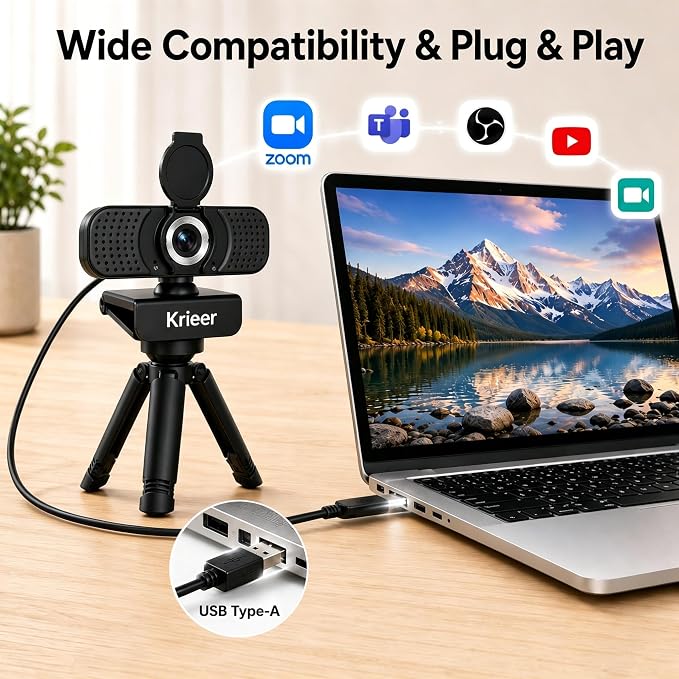4K HD Webcam with Dual Mics &Rotatable Tripo,Privacy Cover for Pc/Laptop, USB Computer Camera Plug & Play with Auto Light Correction for Video Calls, Live Streaming Gaming & Online Meetings