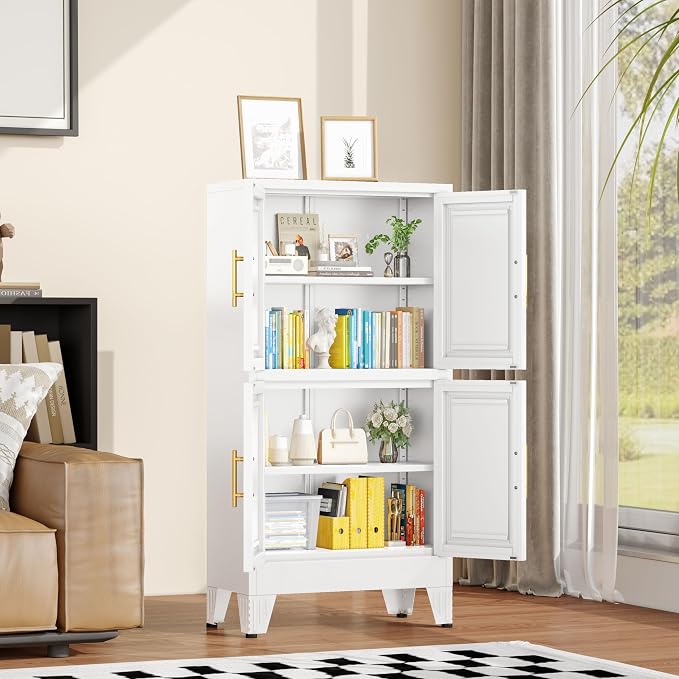 pozdeg Metal Storage Cabinet, 47.2" H Pantry Kitchen Storage Cabinets with 4 Doors and 2 Adjustable Shelves, Versatile Buffet Sideboards Cupboard for Home Office Garage or Gym (White)
