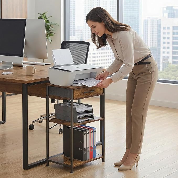 Small Printer Stand with Fabric Drawer & Storage Side Table | Sturdy compact build, works as nightstand end table & accent table. Ideal for bedroom living room & home office daily storage