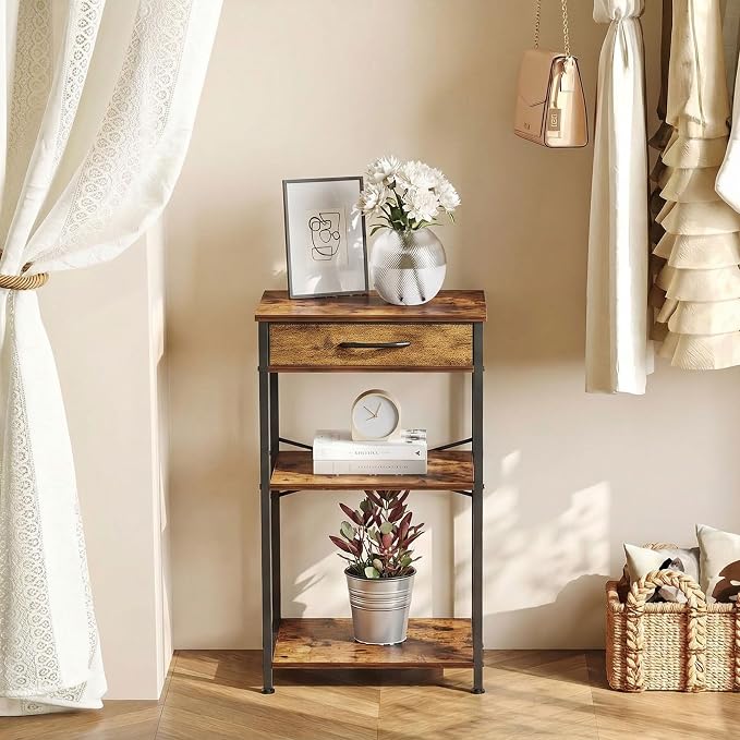 Small Printer Stand with Fabric Drawer & Storage Side Table | Sturdy compact build, works as nightstand end table & accent table. Ideal for bedroom living room & home office daily storage