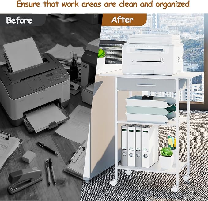 Arbuxzuy 3-Tier Printer Stand, Printer Table with Fabric Drawer, Industrial Printer Storage Cart with Wheels, Rolling Printer Stand for Heat Press Scanner Fax, White
