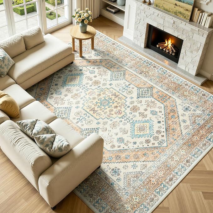 Lofus Vintage Living Room Rugs 8x10, Soft Machine Washable Area Rug for Bedroom Indoor Floor Home Office House Decor, Oriental Traditional Distressed Farmhouse Carpet, Boho Beige and Orange