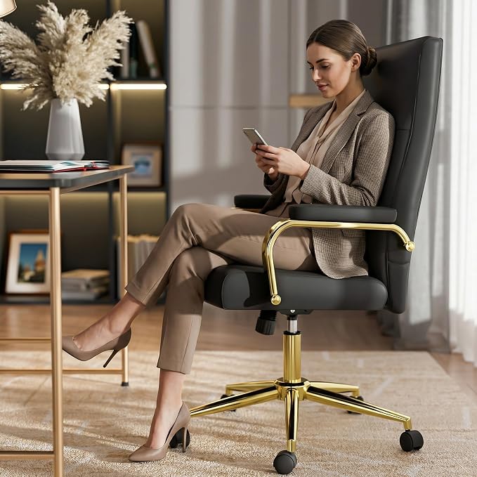 GXJ Black and Gold Office Chair with Memory Foam Seat, Computer Desk Chair | 4.9'' Memory Foam Seat and 4.7'' Comfortable Backrest, High Back Leather Executive Chair with Wheels and Arms for Women