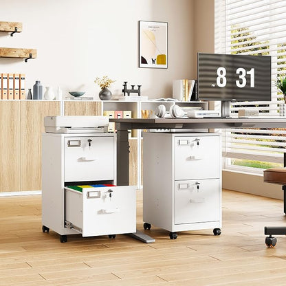 2-Drawer Rolling File Cabinet with Lock, Mobile Vertical File Cabinet for Hanging A4/Letter/Legal Size Folder, Under Desk Small Filing Cabinets for Home Office, Assembly Required,White
