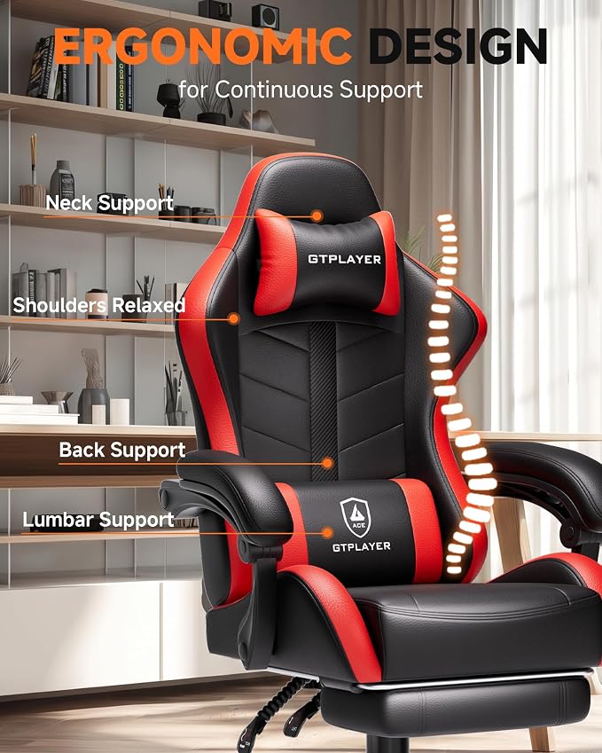 GTPLAYER Gaming Chair, Ergonomic Game Computer Chairs with Foot Rest for Adults, Adjustable PC Game Chair with Reclining Function and Comfortable Headrest for Home and Office Use (RED)