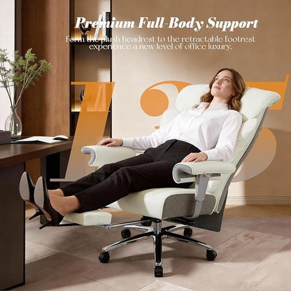 Efomao Big and Tall Executive Office Chair 450lbs,White | 5.9" Thick Pocket Spring Cushion, Reclining Breathable PU Leather Desk Chair with Foot Rest, Soft Comfortable Support
