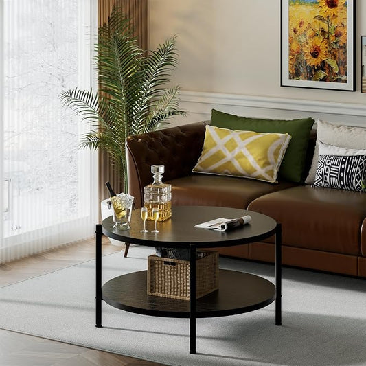 FAMIDGE Coffee Table, 2 Tiers Round Coffee Table, Black Modern Coffee Table for Living Room, Small Space Friendly (Sturdy Metal Frame, Easy Assembly) 27.5x17.7in