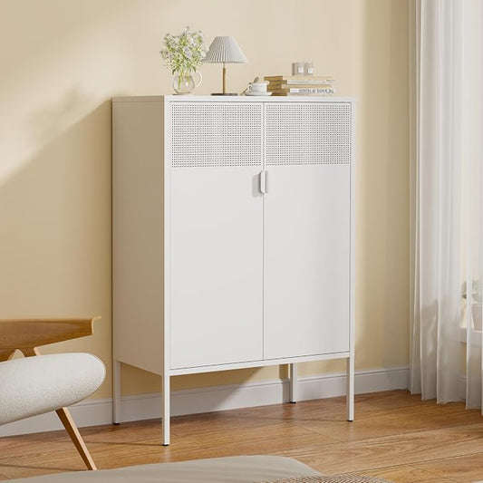 3-Tier Metal Storage Cabinet with 2 Adjustable Shelves, 2 Mesh Door Metal Locker Accent Cabinet with Legs, White Storage Cabinets, Metal Tv Stand Cabinet for Home, Office, Entryway & Hallway