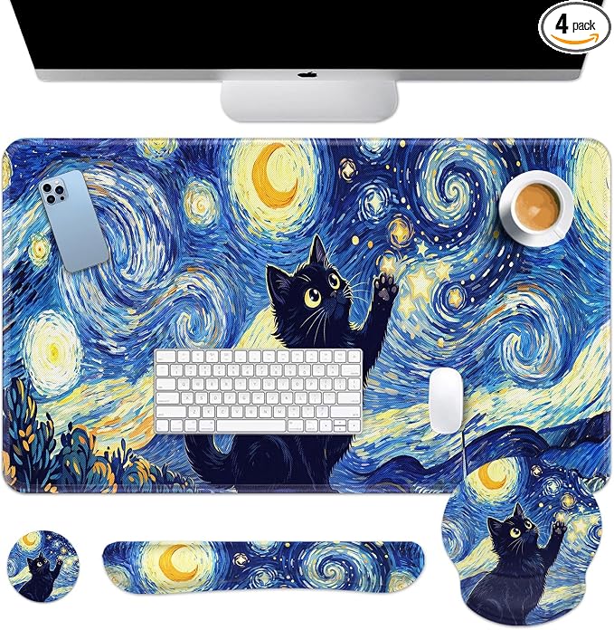 Britimes Cat Blue Moonlight Keyboard Mouse Pad Set Oil Painting Abstract 4in1 Large Mousepad+Keyboard Wrist Rest+Mouse Wrist Rest+Coaster Ergonomic Design for Home Office Computer 35.4x15.7 inches