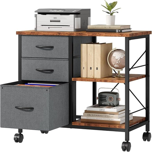 DUMOS 3 Drawer Mobile File Cabinet, Freestanding Fabric Lateral Filing Cabinet Fits A4/Letter Size, Space Saving Rolling Printer Stand with X-Frame and Open Storage Shelf for Home Office, Grey