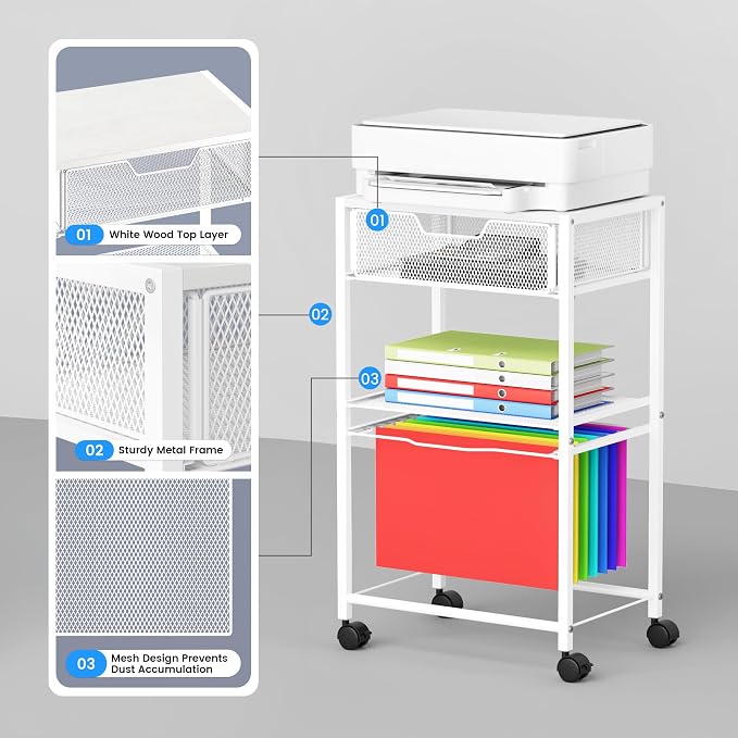 Cawukege 3 Tier Printer Stand, Mobile Table with Wheels, Printer Shelf Rolling Cart with Storage Desk Organizer Hanging File for Office Home, White