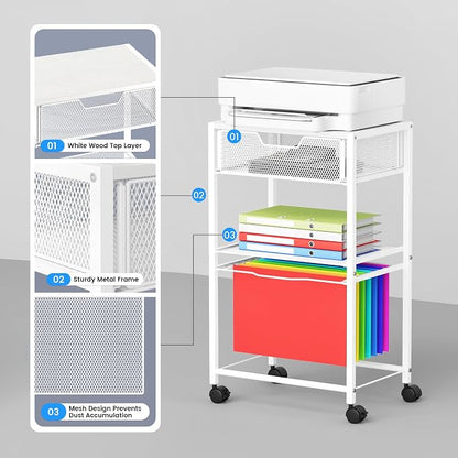 Cawukege 3 Tier Printer Stand, Mobile Table with Wheels, Printer Shelf Rolling Cart with Storage Desk Organizer Hanging File for Office Home, White