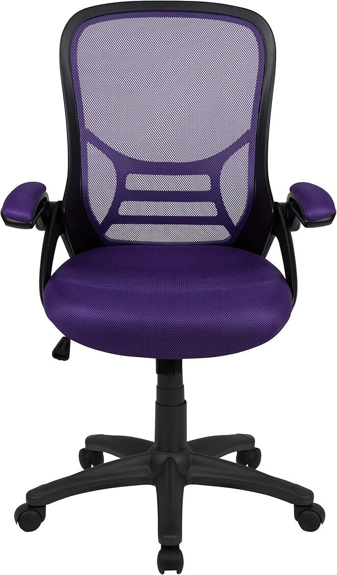 Flash Furniture Porter High-Back Swivel Office Chair with Adjustable Lumbar Support and Seat Height, Ergonomic Mesh Desk Chair with Flip-Up Armrests, Purple/Black