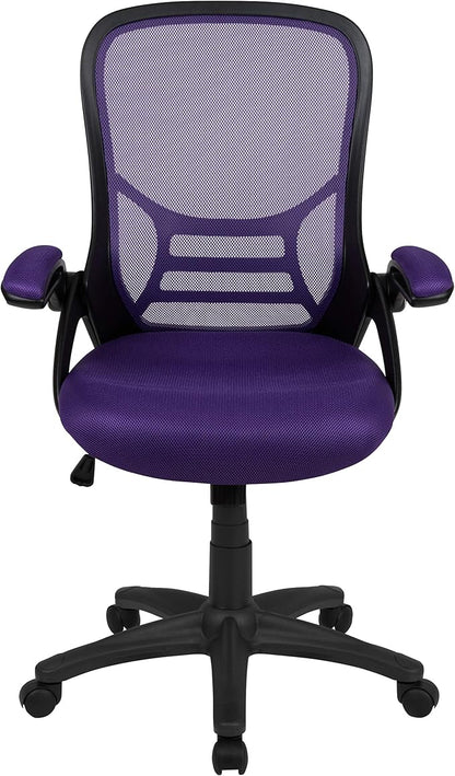 Flash Furniture Porter High-Back Swivel Office Chair with Adjustable Lumbar Support and Seat Height, Ergonomic Mesh Desk Chair with Flip-Up Armrests, Purple/Black