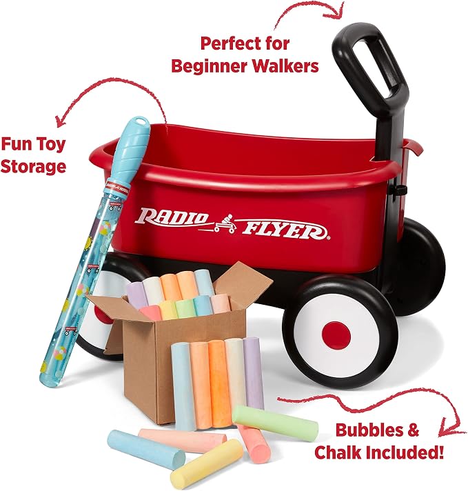 Radio Flyer Push & Pull Walker Wagon with Bubbles and Chalk, Red, for Kids 1-4 Years Old, Locking Handle, Baby Push Walker Converts to Pull Wagon, for Indoor & Outdoor Play, Amazon Exclusive