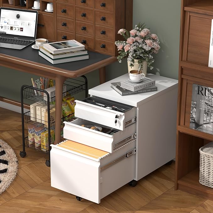 3 Drawer File Cabinet, Metal Printer Stand with Roling Caster, Under Desk Storage for Home Office, File Cabinet with Lock, No Assembly Required, White