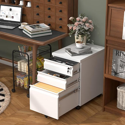 3 Drawer File Cabinet, Metal Printer Stand with Roling Caster, Under Desk Storage for Home Office, File Cabinet with Lock, No Assembly Required, White