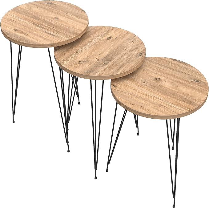 Set of 3 Pine Wood Nesting End Tables Round Wood Stacking Coffee Side Accent Table with Metal Legs for Living Room, Home Office, Nightstands for Bedroom