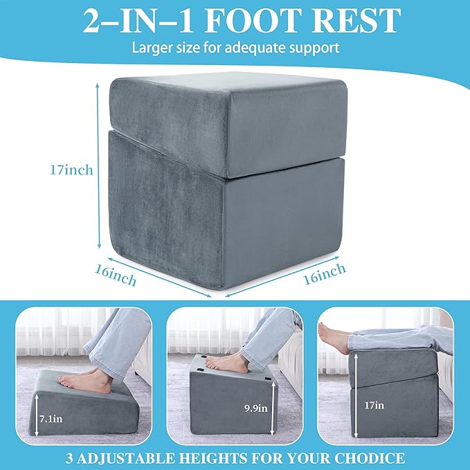 Under Desk Foot Rest, ROYALAY Ergonomic Office Footrest with 3 Adjustable Heights, High-Density Memory Foam Leg Rest for Home, Travel, Airplane with Washable Cover