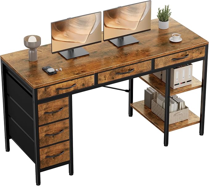 OLIXIS Computer desk with 6 Drawers, 55 inch Office workstation with Storage Shelves, Reversible Gaming setup, Corner table with Storage Drawers, Work for Home Office, Study, Living Room, Rustic Brown