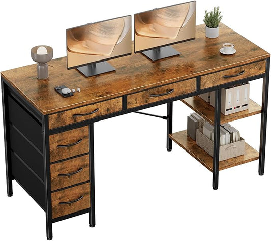 OLIXIS Computer desk with 6 Drawers, 55 inch Office workstation with Storage Shelves, Reversible Gaming setup, Corner table with Storage Drawers, Work for Home Office, Study, Living Room, Rustic Brown