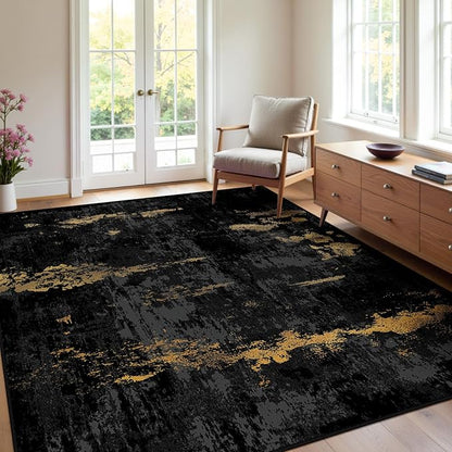 RELEANY Washable Area Rugs 4'x6' Non-Slip Modern Abstract Soft for Living Room Entryway Bedroom Kitchen, Print Pattern, Dark Black Gold