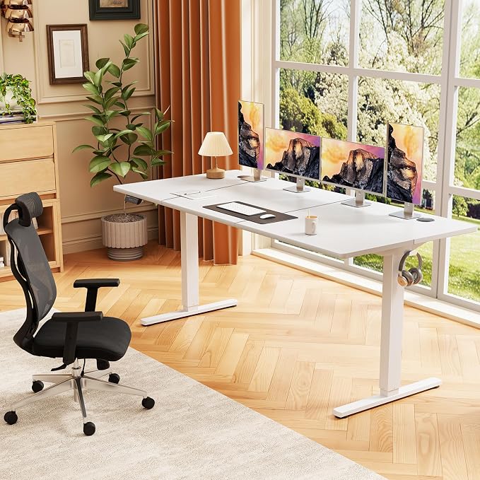 Sweetcrispy 63 Inch Electric Standing Desk, Height Adjustable Sit Stand Up Desk, Computer Workstation Home Office Gaming Rising Table with Memory Preset Splice Board, White