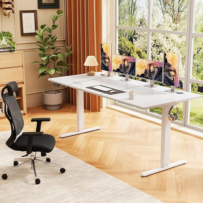 Sweetcrispy 63 Inch Electric Standing Desk, Height Adjustable Sit Stand Up Desk, Computer Workstation Home Office Gaming Rising Table with Memory Preset Splice Board, White