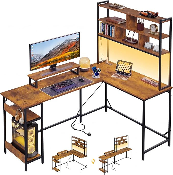 DEVAISE 66 Inch L Shaped Gaming Desk with Drawers and Storage, Corner Desk with LED Lights, Power Outlets, Computer Desk with Monitor Stand, Office Desk for Home, with Hutch, Rustic Brown