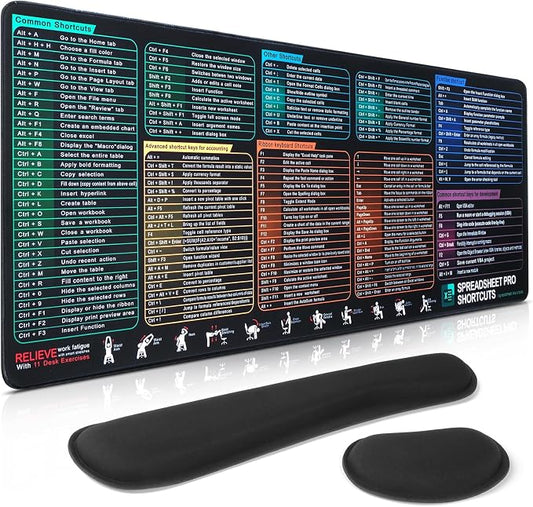 Excel Cheat Sheet Mouse Pad Set | 3-Piece XXL Ergonomic Desk Mat with Wrist Rest for Office & Gaming(Black)